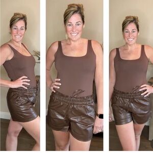 Brown Faux-Leather Shorts with Elastic Detailing waist with tie